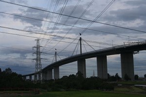 View of the West Gate Bridge with powerlines