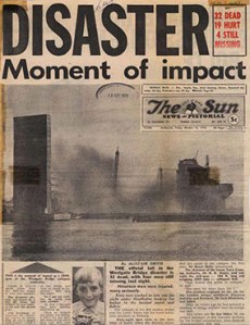 Disaster report front page of the Sun newspaper