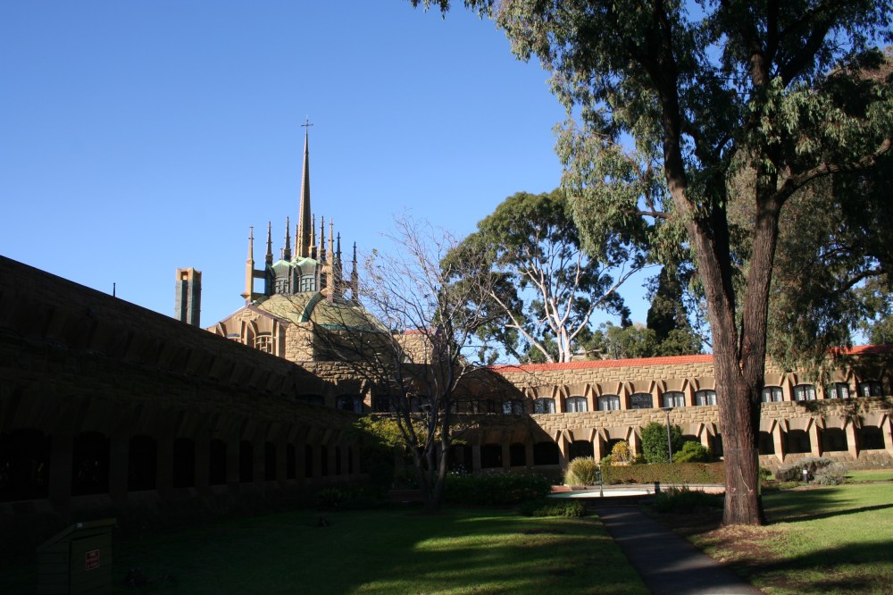 View of the spires from the quadrangle.