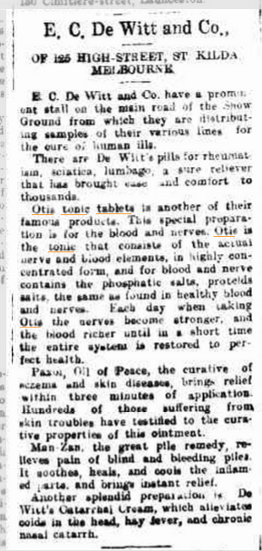 Newspaper clip from the Launceston Examiner, 4 October 1923, advertising DeWitt pharmaceutical products